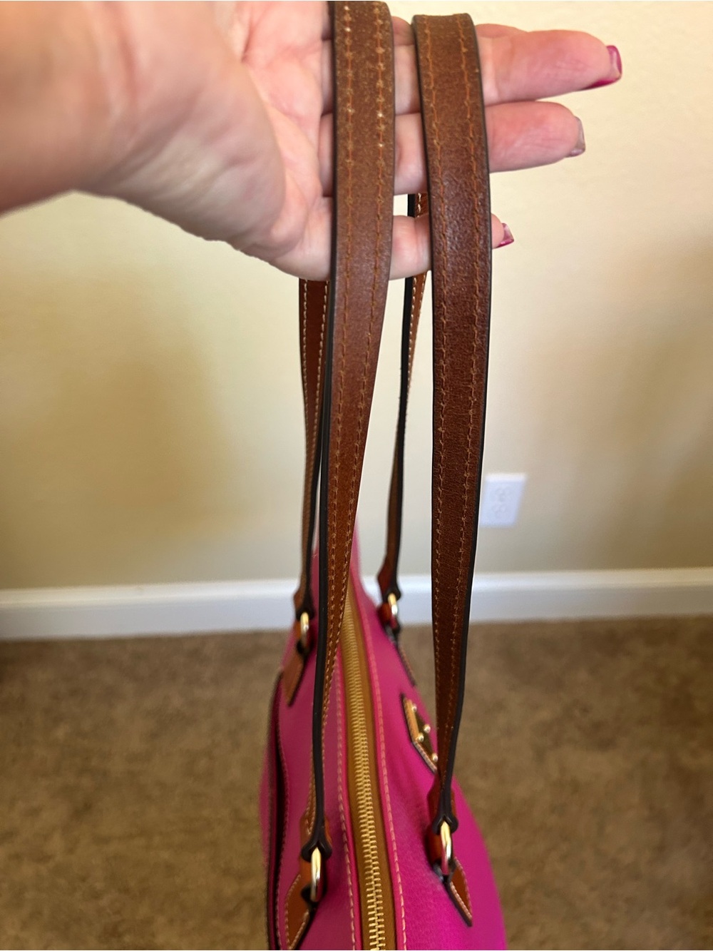 Dooney & Bourke Leather Laptop Bag / Tote in Fuchsia w/ Brown Straps 💕 - Picture 7 of 16